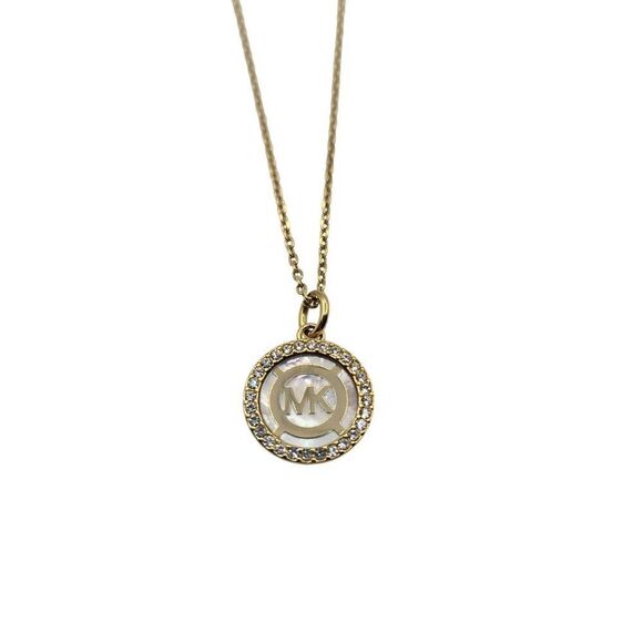 Michael Kors Gold Plated Pavé Logo Charm Necklace MOP - Picture 1 of 4